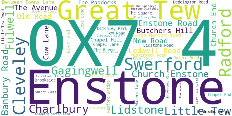 A word cloud for the OX7 4 postcode